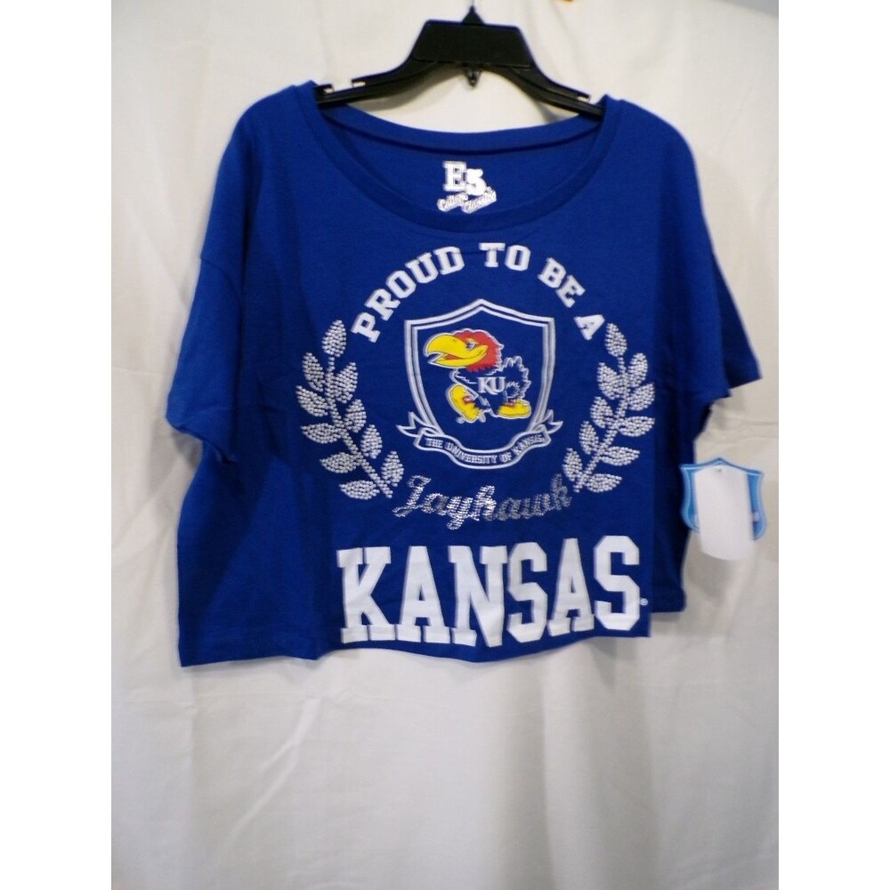 E5 College Classics Kansas Jayhawks Women's Cropped T-Shirt Large Blue
